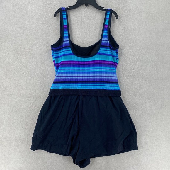 Orvis Swimsuit Womens 18L One Piece Blue Purple Shorts Tank Ribbed Modest - Picture 2 of 14